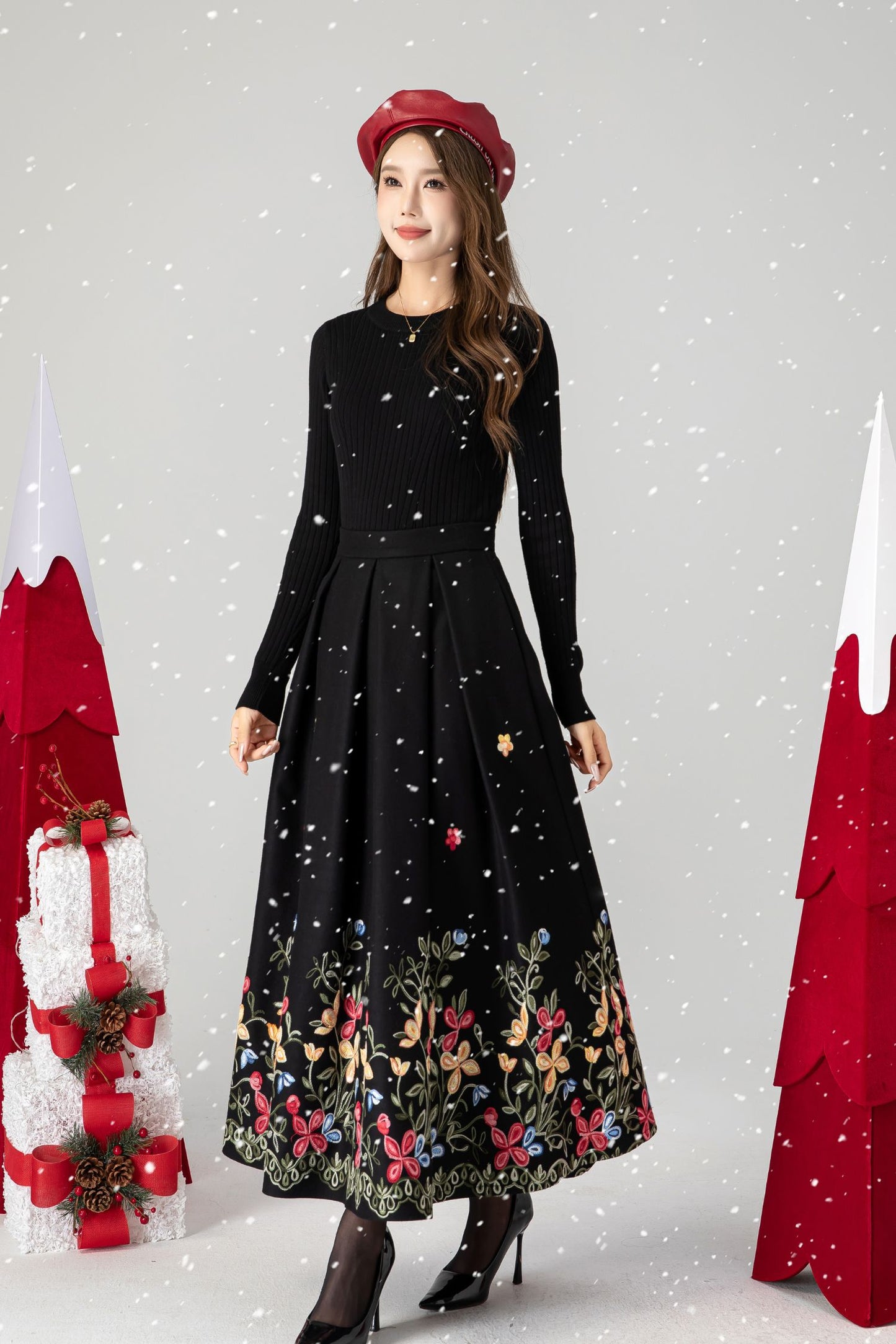 Black Maxi Embroidered Wool Skirt 4612