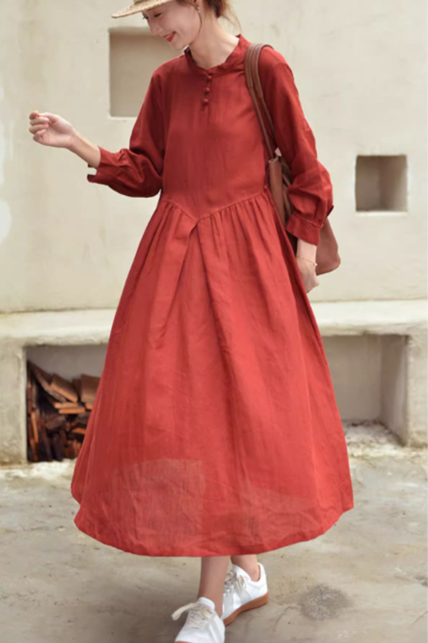 Rust Linen Midi Dress with Loose Fit and Button Front Xiaolizi Rust Linen Midi Dress with Loose Fit and Button Front Xiaolizi
