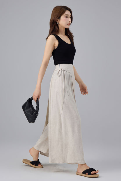 Beige Linen Cotton Wrap Pant - Wide Leg, Tie Belt Design | Xiaolizi 6763