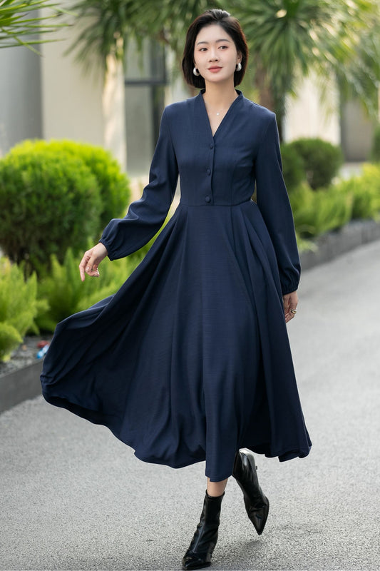 Handmade Navy Blue Button-Front Midi Dress – Vintage Long Sleeve Swing Dress 6659