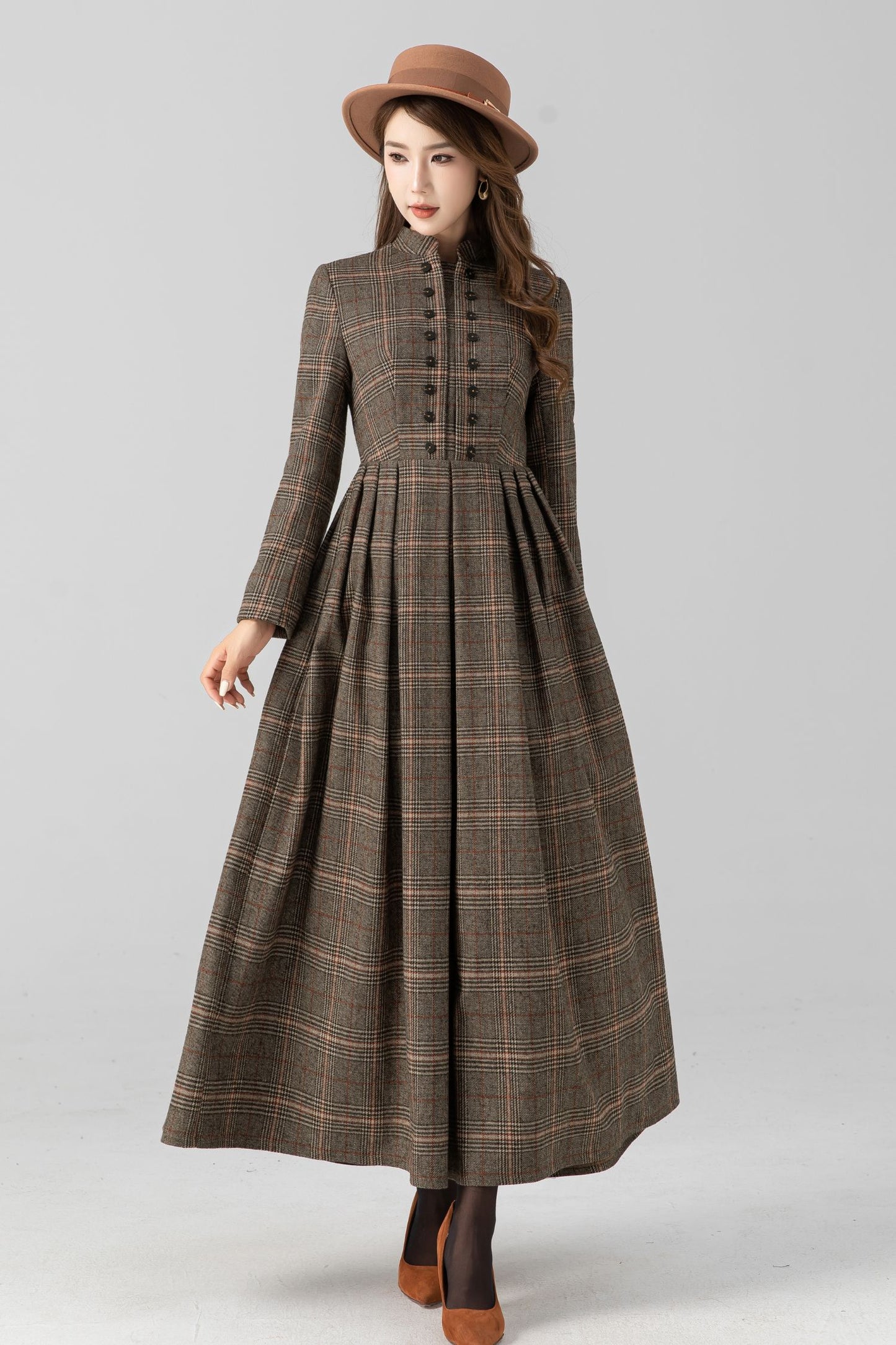Maxi pleated winter long plaid wool dress 5427