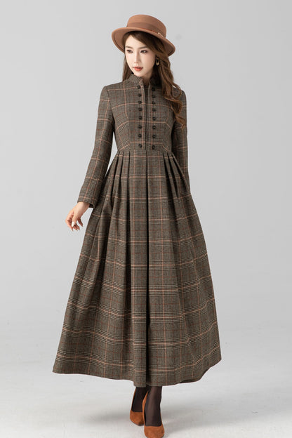 Plaid Wool Maxi Dress - Pleated Silhouette with Button Detail 5427