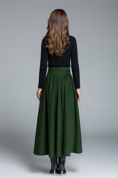 Green Wool Blend Maxi Skirt – Handmade Vintage High Waist Pleated Winter Elegance 5228