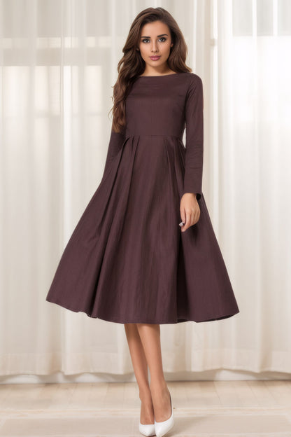 Brown Linen Dress - A-Line Silhouette with Boat Neck 5615