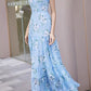 Blue floral printed long chiffon dress  5042