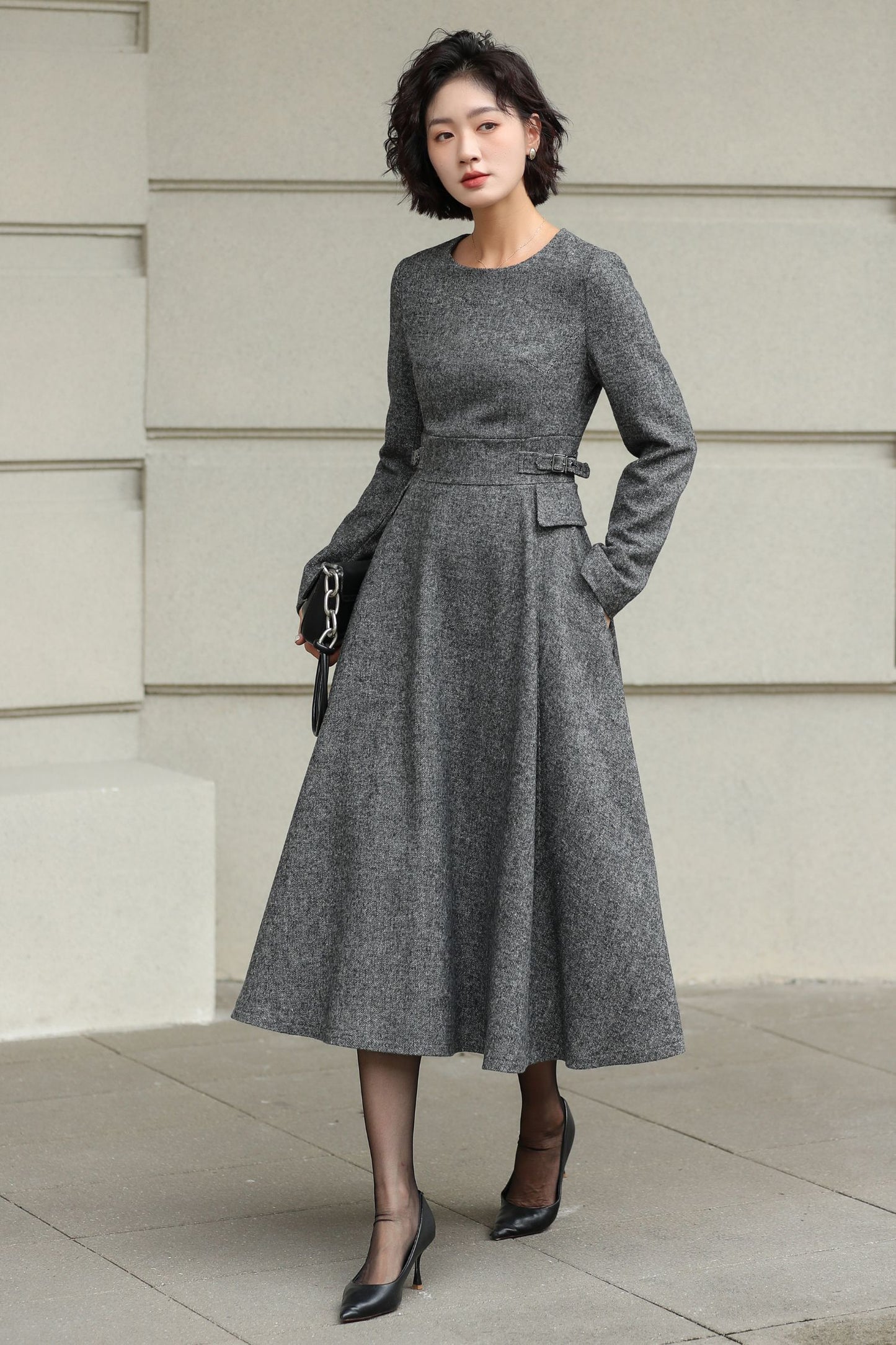 Classic Gray Fit And Flare Wool Dress 6530