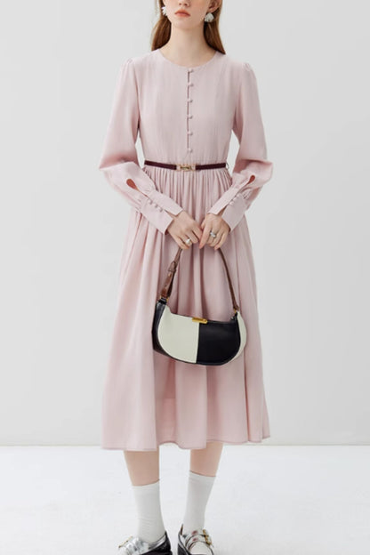 Beige Cotton Blend Midi Dress - Vintage-Inspired Long Sleeves 4816
