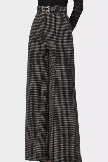 Plaid Wool Wide Leg Pants - Maxi Length with Pockets 5418