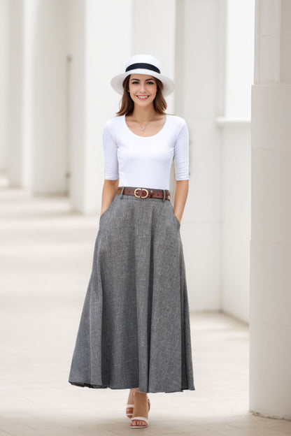 Gray A line High waist Linen Maxi Skirt with Pockets  2782