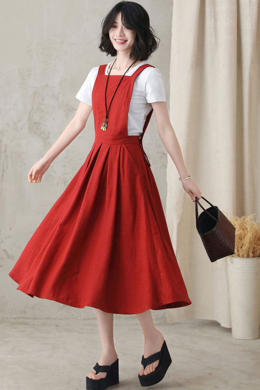 Woman Red Linen Midi Pinafore Dress 2823