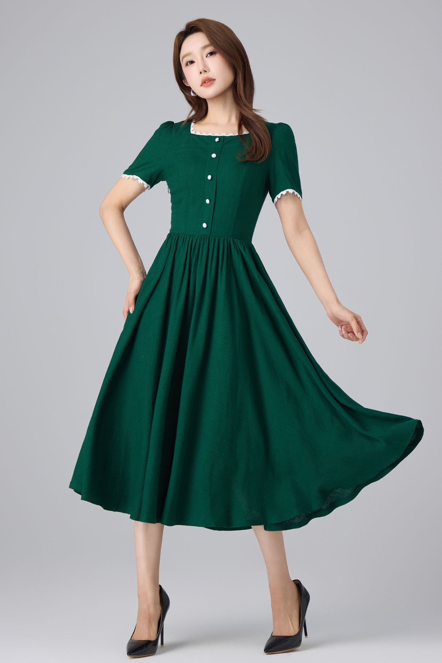 Emerald Linen Midi Dress - Square Neck Puff Sleeve | Xiaolizi 6760