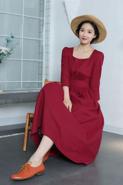 Wine Red Linen Dress - Vintage Fit & Flare with Square Neckline 3370