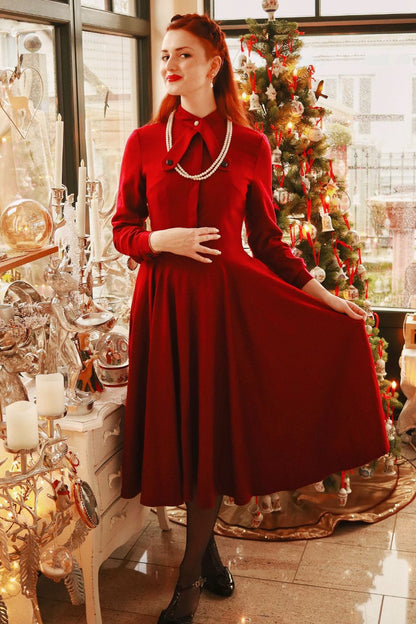 Burgundy Wool Winter Dress Fit & Flare Long Sleeve | Xiaolizi Burgundy Wool Winter Dress Fit & Flare Long Sleeve | Xiaolizi