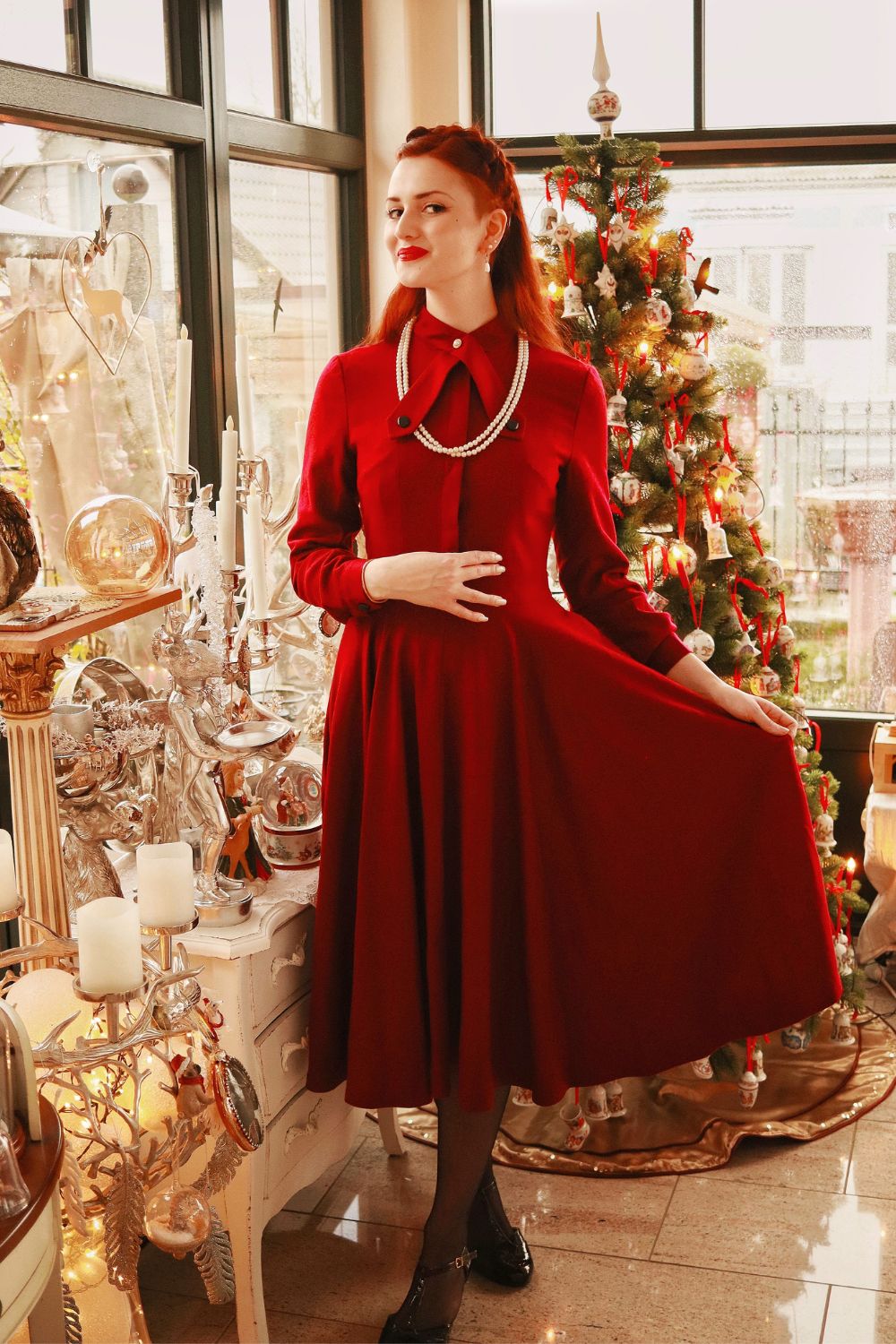 Vintage inspired burgundy winter wool dress women 4837