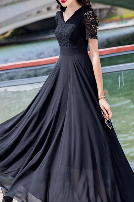 Black chiffon and lace summer maxi dress 5025