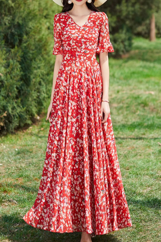 Red flower printed maxi chiffon dresses 5008