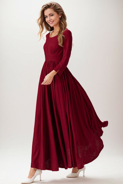 Red Linen Blend Midi Dress - High Waist Pleated Fit & Flare 5123