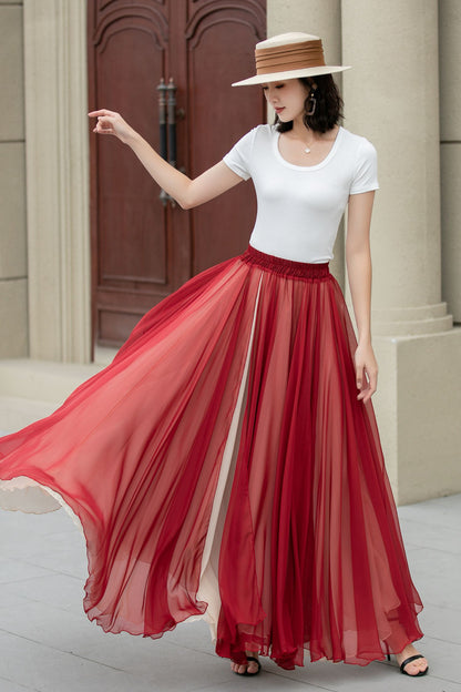 Rust Red Chiffon Maxi Skirt - Swing Elastic Waist | Xiaolizi 5151