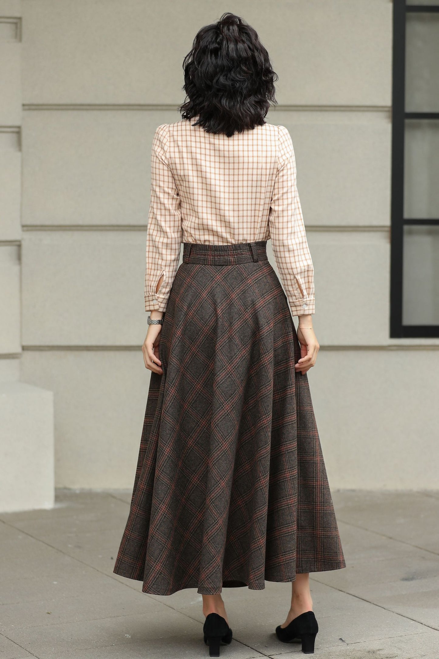 Handmade Dark Brown Plaid Wool Maxi Skirt – High Waist A-line Winter Elegance 6424