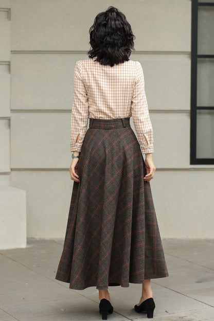 Handmade Dark Brown Plaid Wool Maxi Skirt – High Waist A-line Winter Elegance 6424