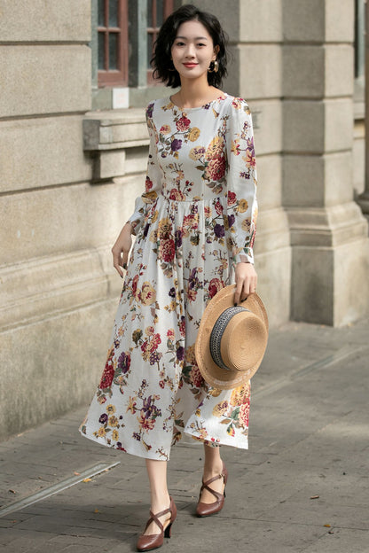Floral Linen Maxi Dress – Long Sleeve Vintage Swing Dress | Xiaolizi 5685