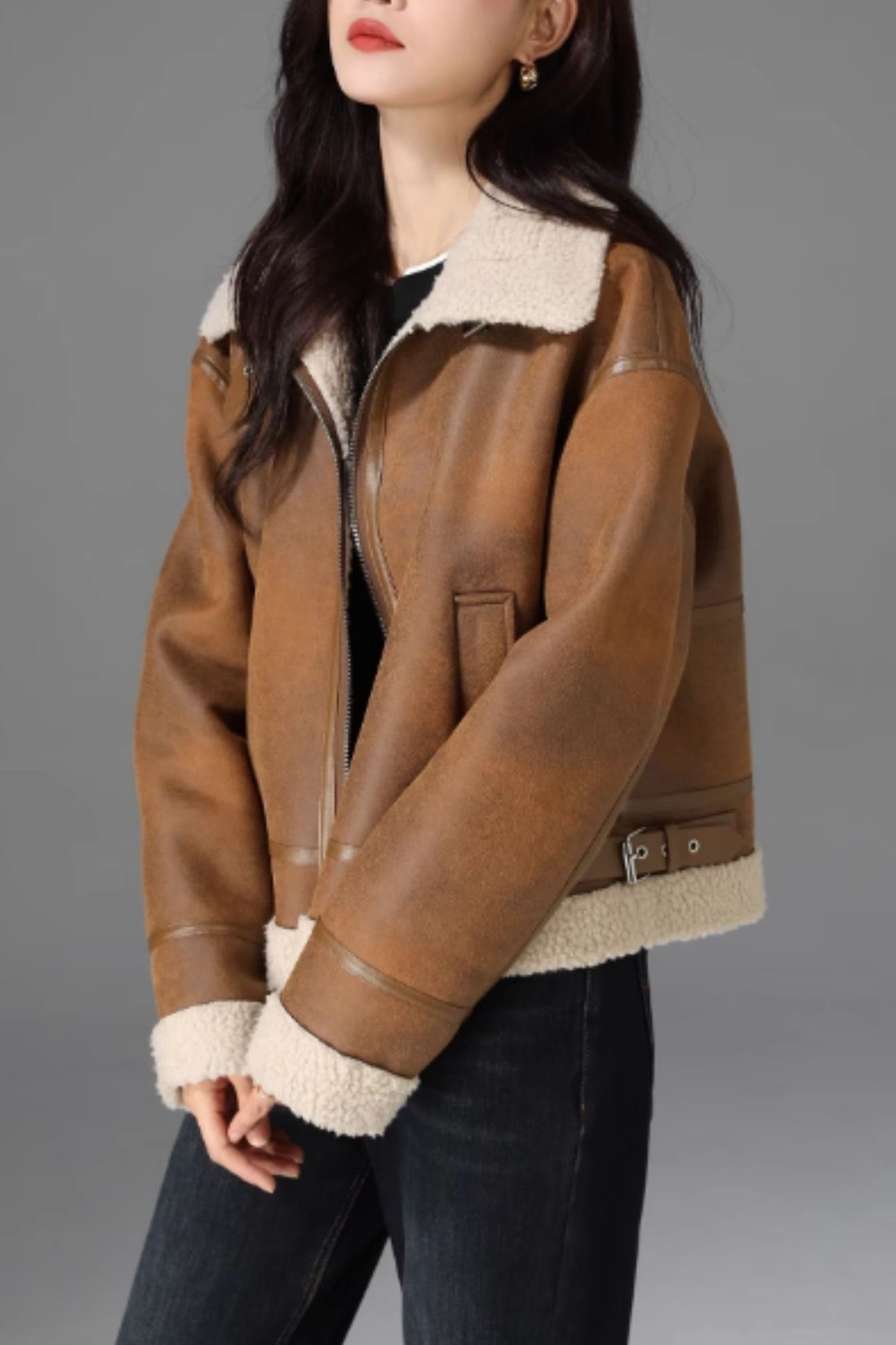 Women Brown Shearling Suede Leather Jacket 5473