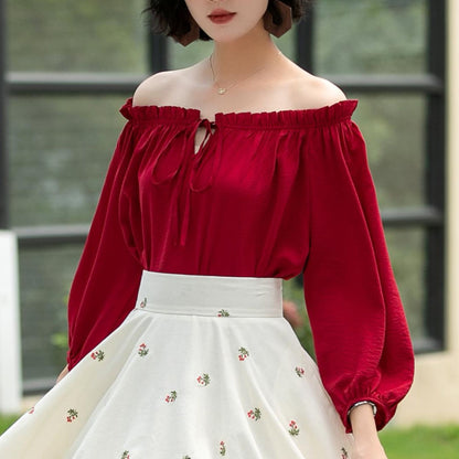 Red Linen Cotton Off-Shoulder Blouse - Ruffled Neckline, Lantern Sleeves 6058