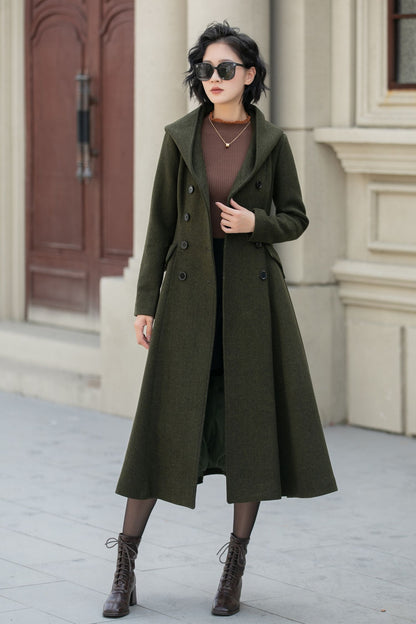 British Vintage Military Style Hooded Wool Coat for Women – Army Green Winter Overcoat 5461