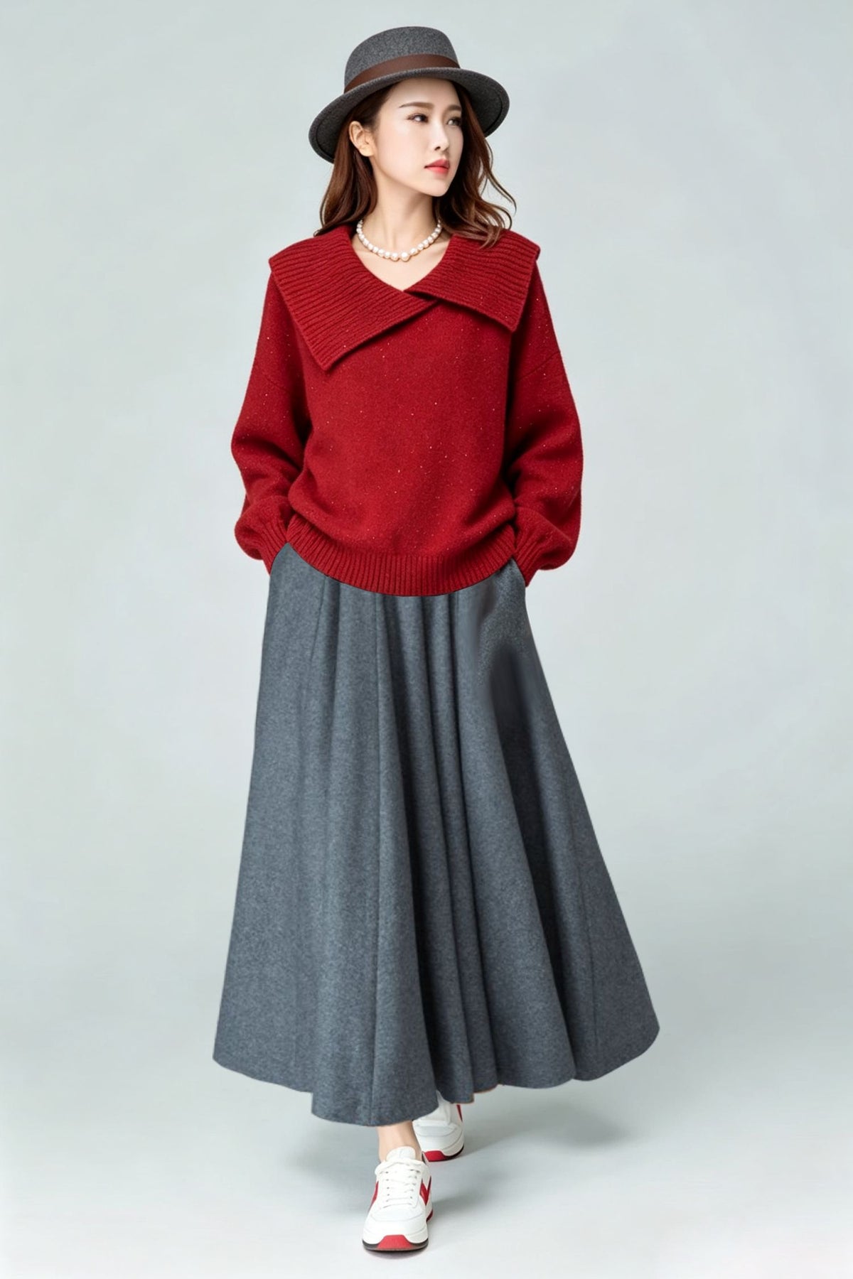 Grey Wool Blend Maxi Swing Skirt-High Waist Pleated Long Skrit 7012