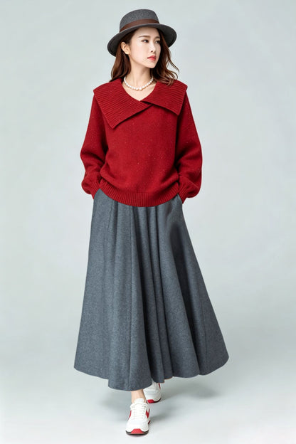 Grey Wool Blend Maxi Swing Skirt-High Waist Pleated Long Skrit 7012