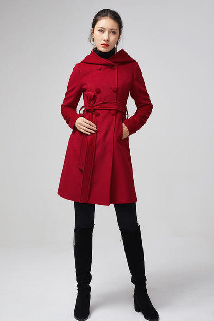 Red Wool Coat - Hooded Double Breasted Tie Waist 5612