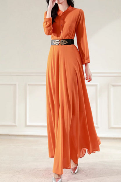 Orange Chiffon Maxi Dress - Long Sleeve Belted Formal | Xiaolizi 5071