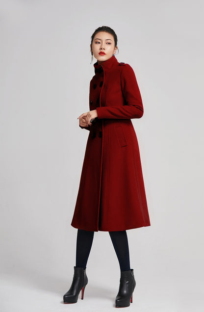 Wine Red Wool Coat - Double Breasted A-Line Silhouette 5614