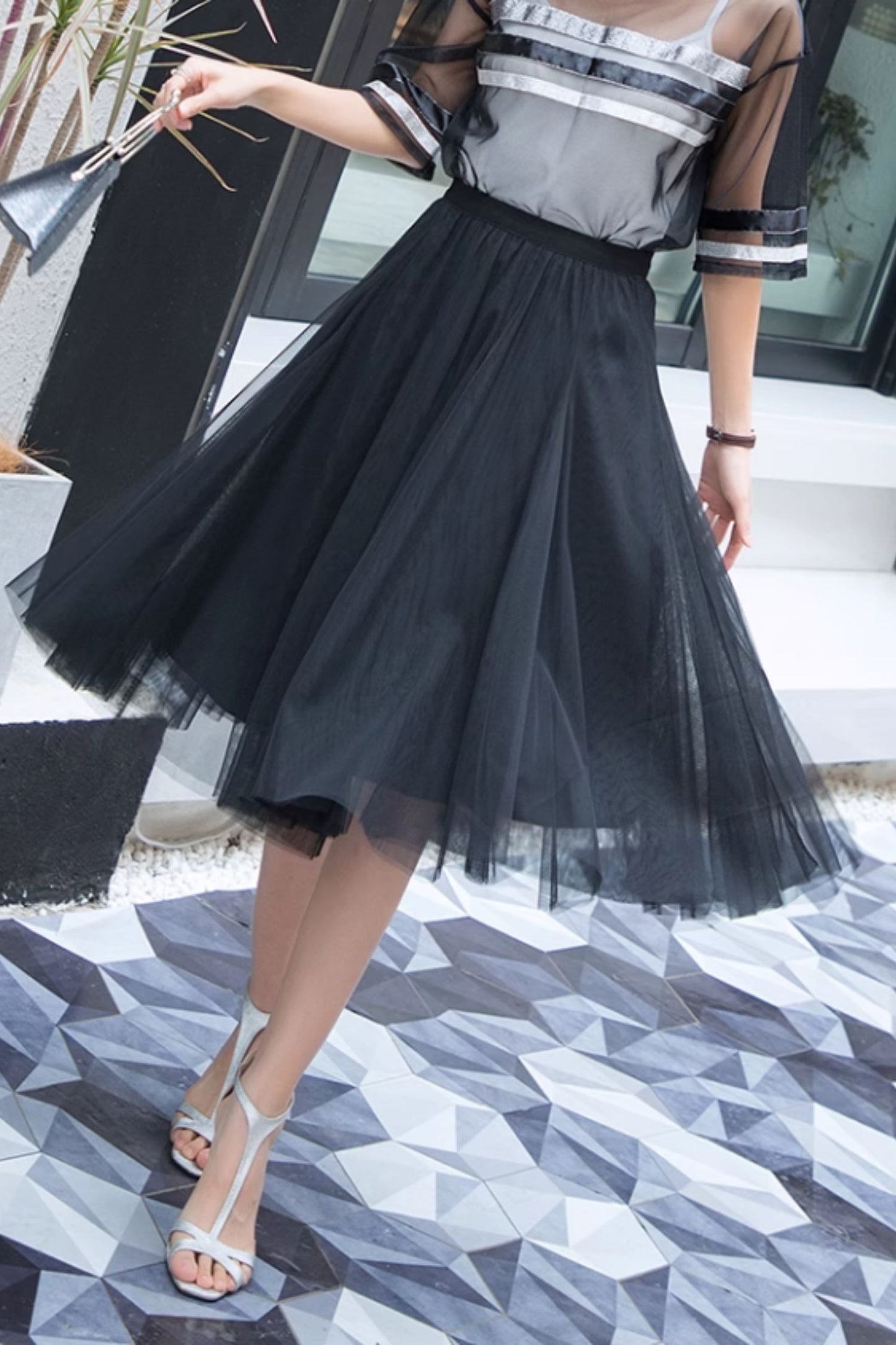 Light blue Tulle Midi Skirt - A-Line Swing Silhouette 6130