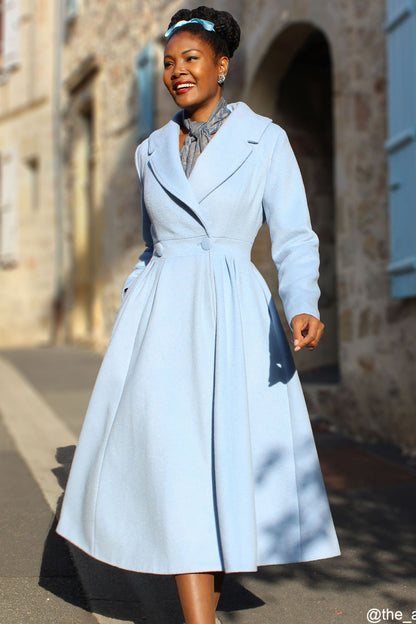 Vintage-Inspired Blue Wool Coat – Handmade 1950s Princess Midi Coat | Xiaolizi 2407