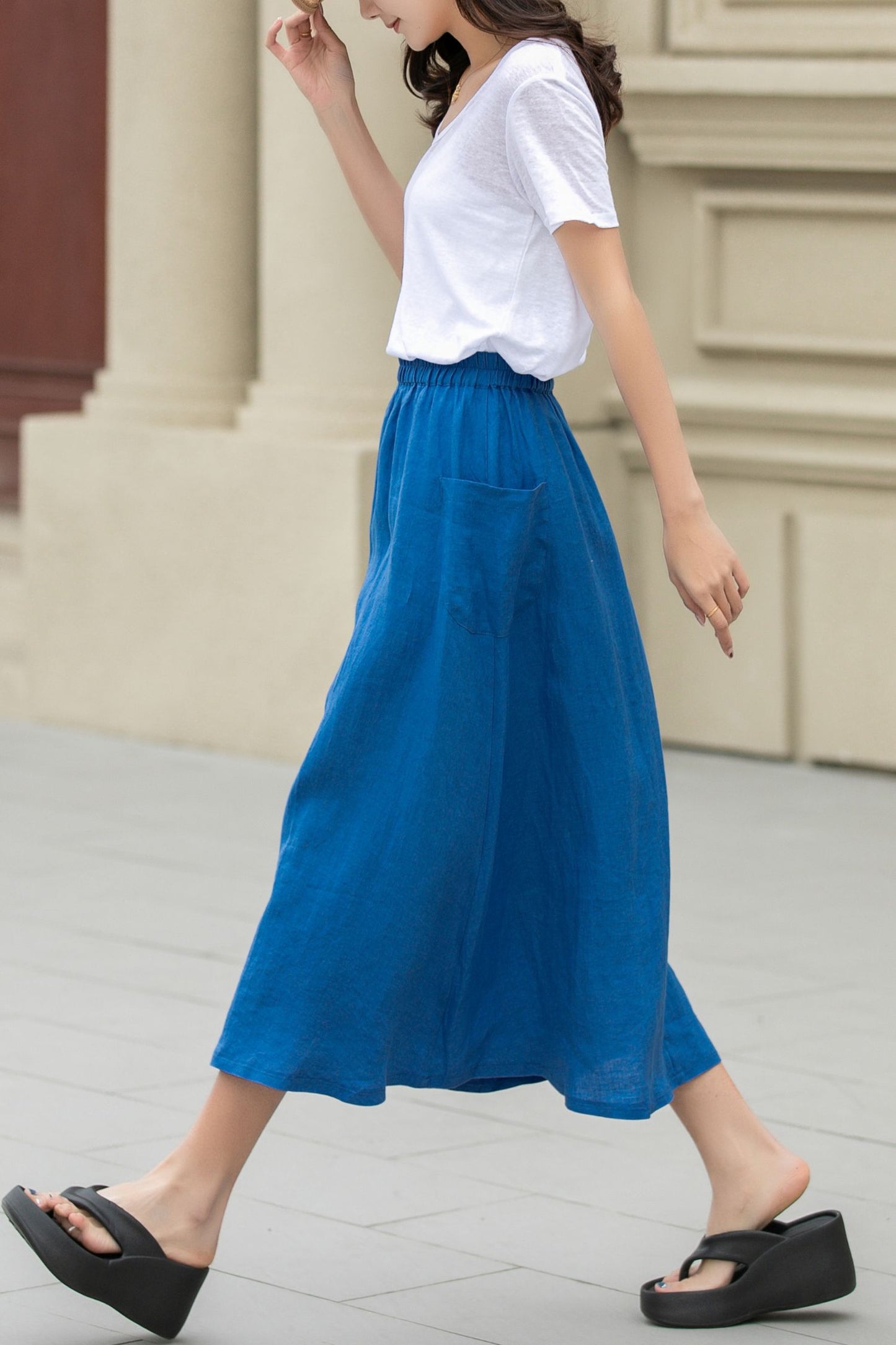 A line blue summer midi skirt with pockets 4956