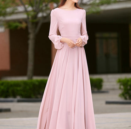Pink Chiffon Maxi Dress - Long Sleeve Swing Silhouette 2623
