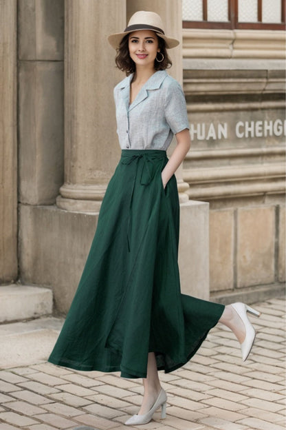 Green Linen Wrap Maxi Skirt - A-Line Flowy Silhouette 5748