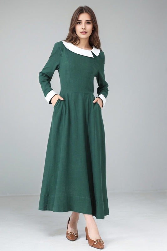 Xiaolizi Handmade Green Linen Maxi Dress – Vintage Long Sleeve A-Line Dress 6341