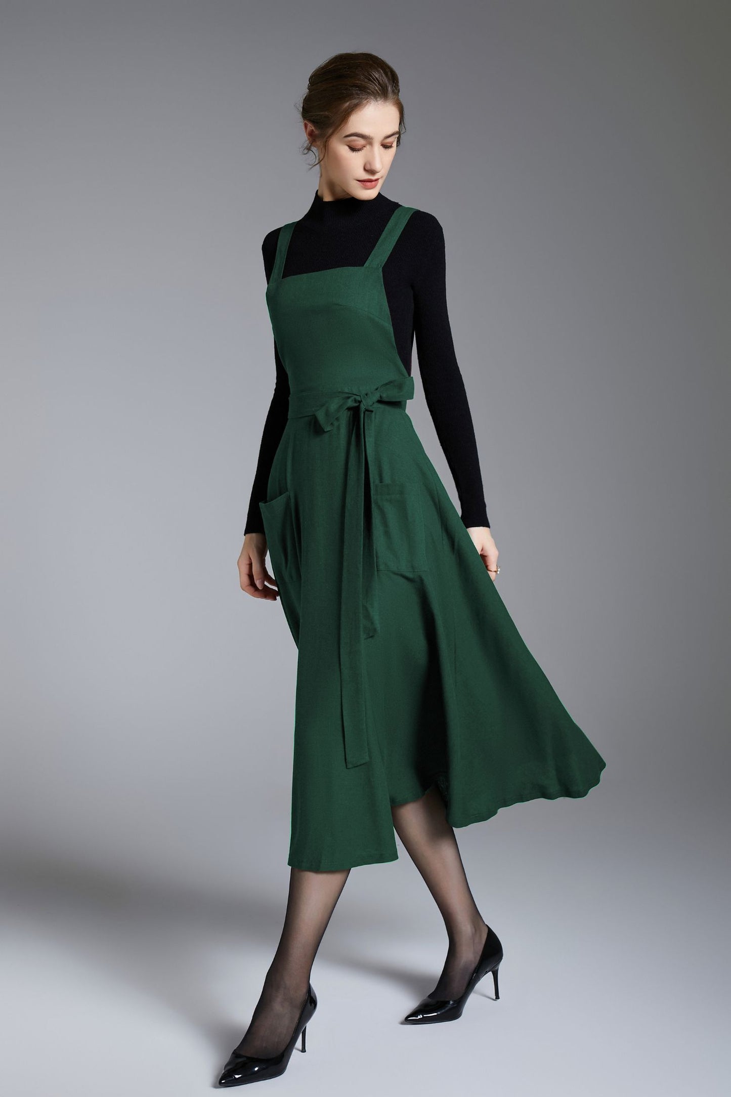 Green Linen Pinafore Dress – Handmade Midi Apron Dress 6673