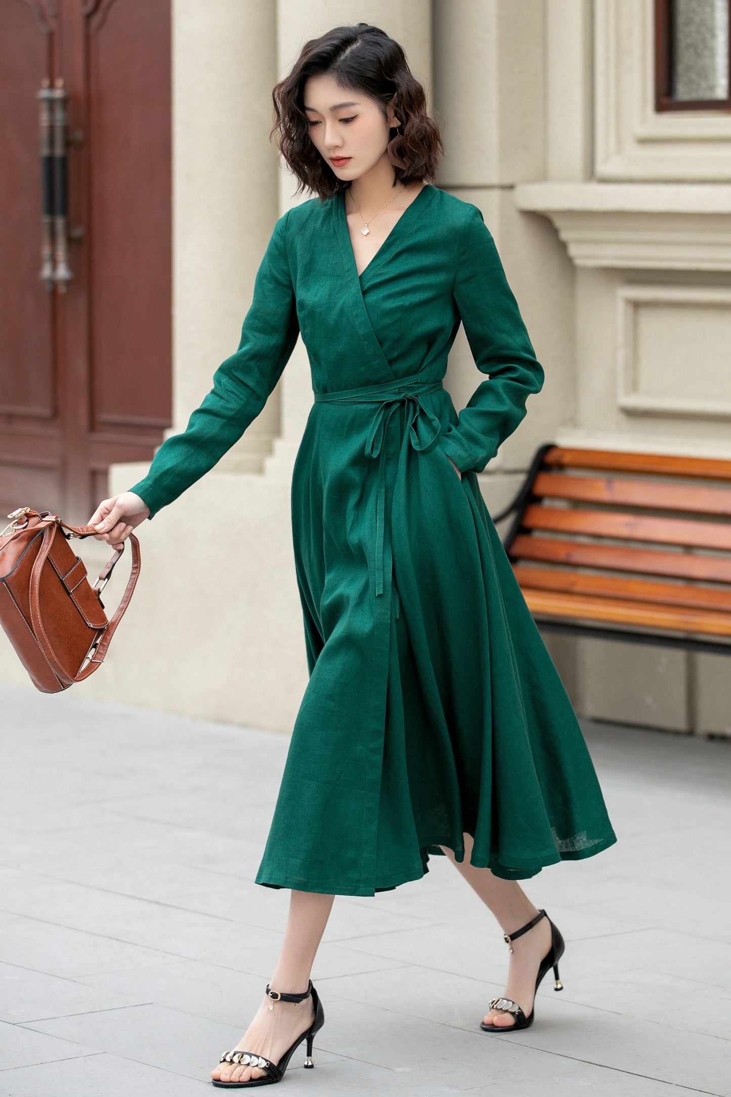 Green fit and flare spring wrap dress 4966