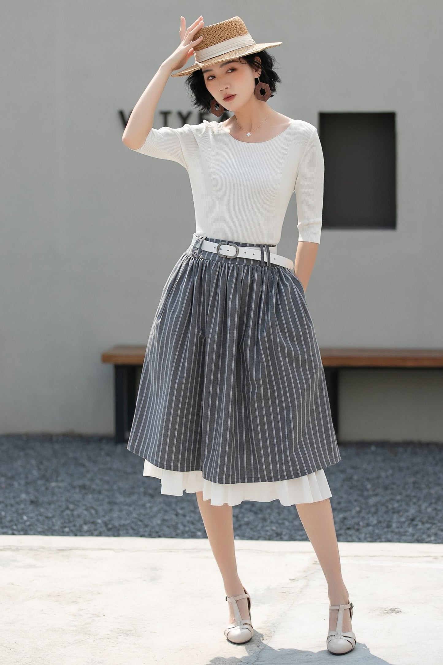 Xiaolizi Striped Linen Midi Skirt – Handmade High Waisted A-Line Summer Skirt 6686