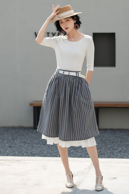 Xiaolizi Striped Linen Midi Skirt – Handmade High Waisted A-Line Summer Skirt 6686