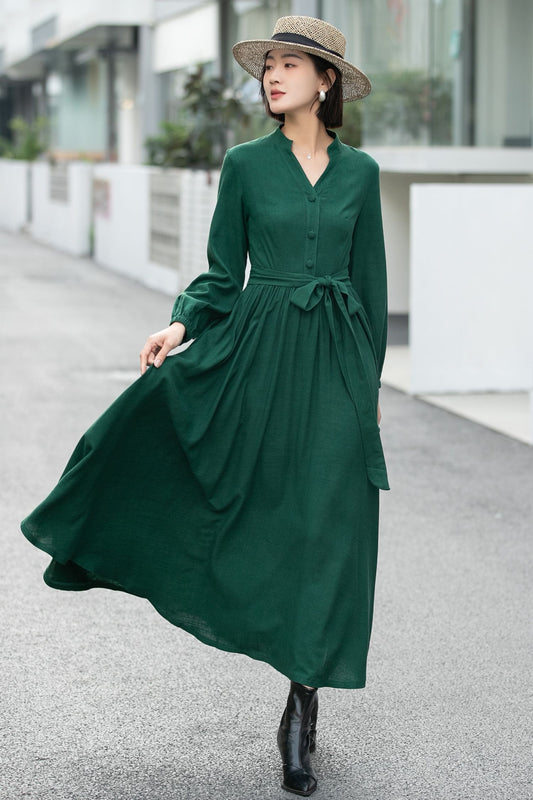 Green Linen Cotton Shirt Dress – Vintage Button-Up Midi Dress 6658