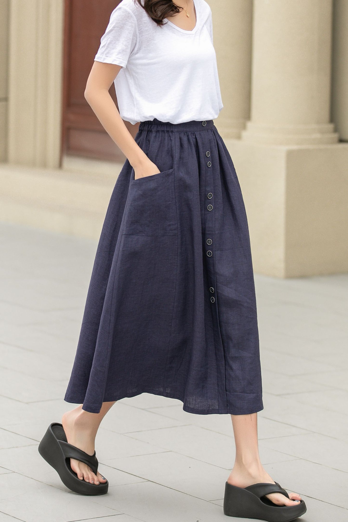 Button up midi summer linen skirt 4944