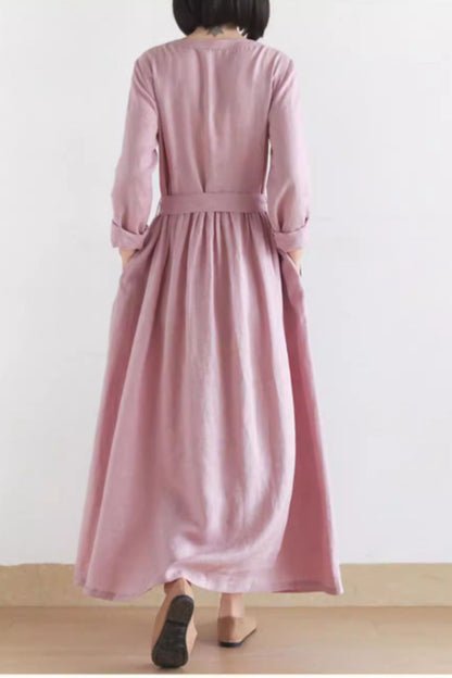 Maxi pink linen dress with tie belt waist 4831