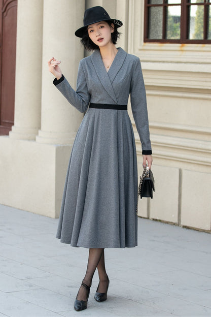 Elegant Gray Wool Dress – Long Sleeve Fit and Flare Midi Dress 5457