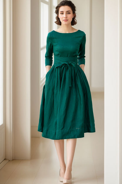 Emerald Green Linen Dress - Fit and Flare A-Line Midi 5067