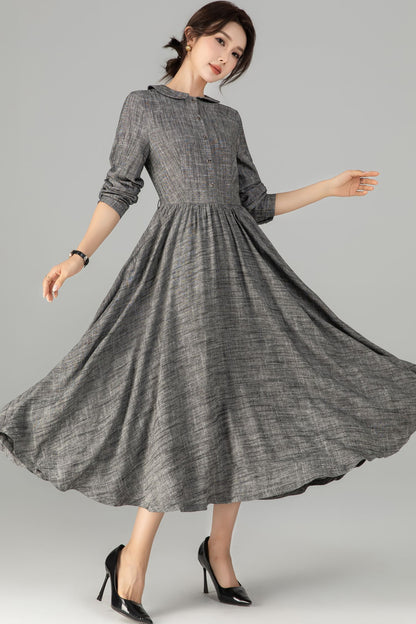 Gray Linen & Cotton A-Line Midi Dress - Button-Up with Waist Belt 5710