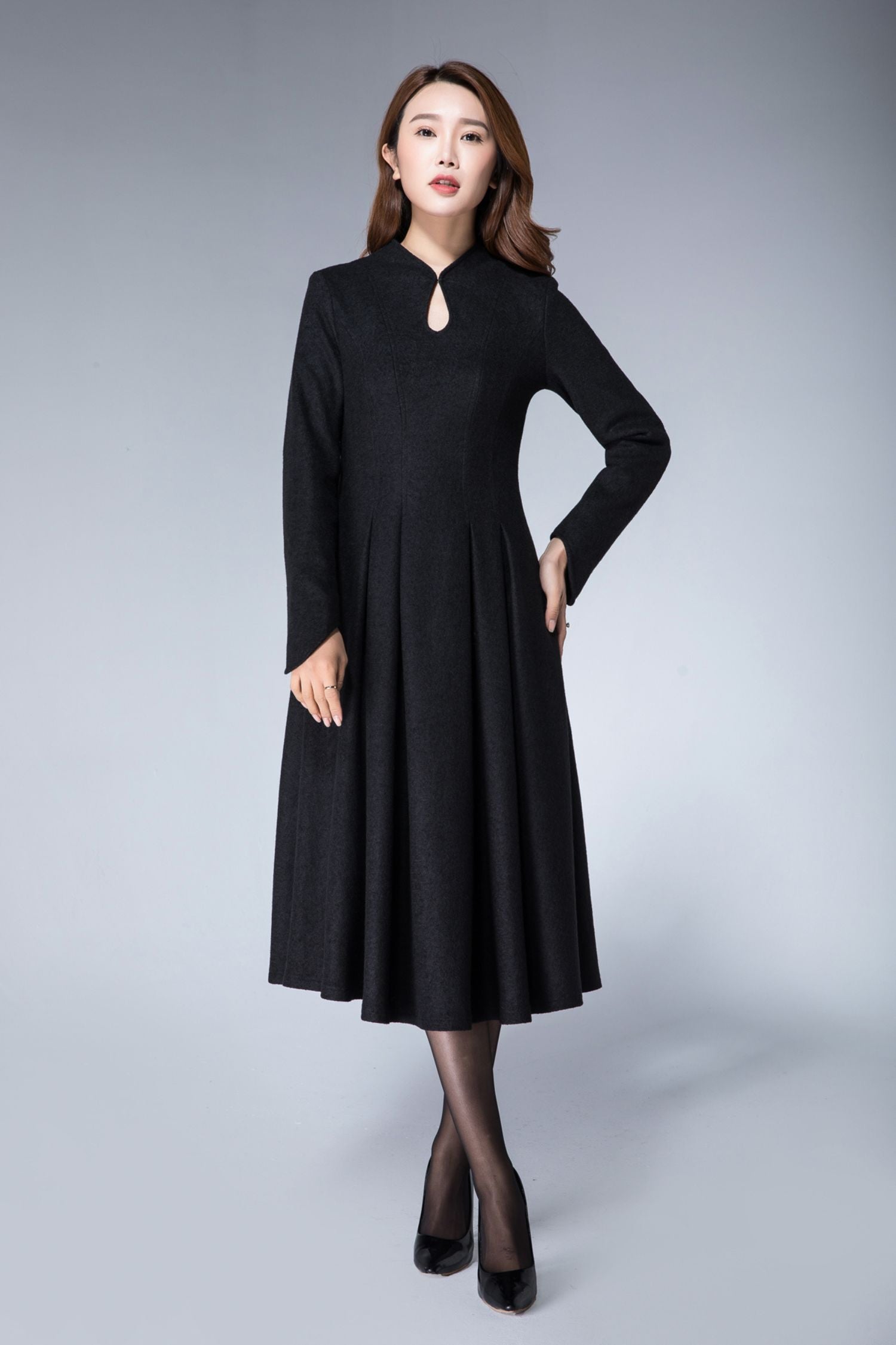Handmade Women's Elegant Black Wool Midi Dress - Long Sleeve Winter A- Xiaolizi Handmade Women's Elegant Black Wool Midi Dress - Long Sleeve Winter A- Xiaolizi